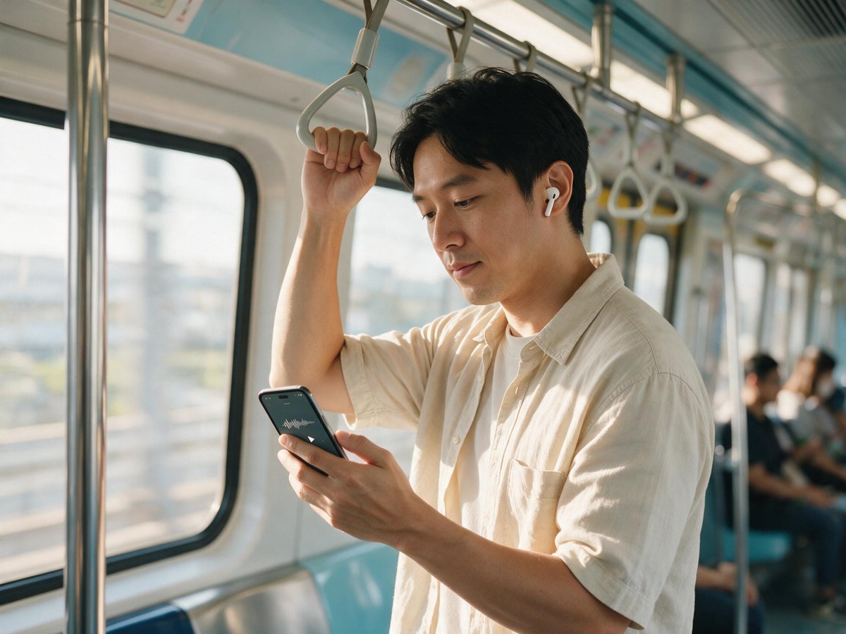 通勤者在捷運車廂裡戴耳機，用手機聽劇本朗讀